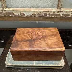Hand-Carved Wooden Box with Celtic Cross